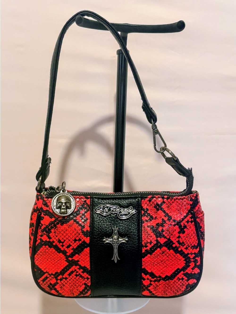 Ed Hardy Red and Black Snake-Print Shoulder Bag with Cross Charm